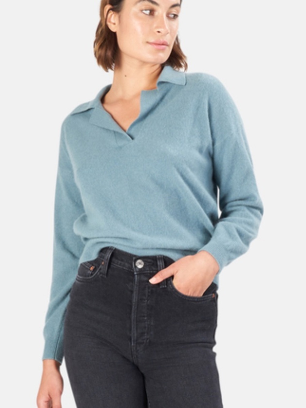 NAADAM Long Sleeve V Neck Polo Sweater,  Small